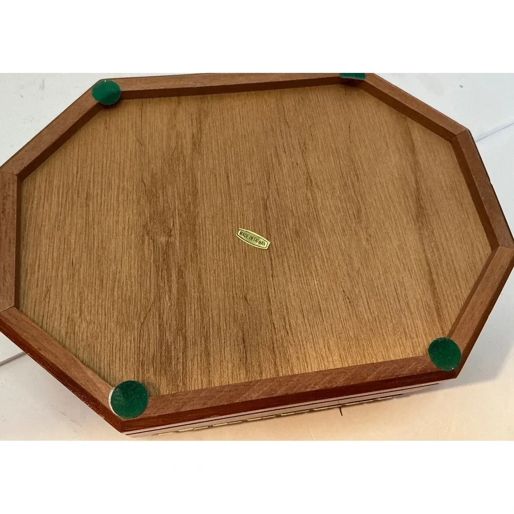 Vintage Wooden Jewelry Box Etched Glass Floral Lid Octagonal Brown